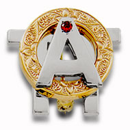 Two-tone Badge; polished white gold A and Pi, chased yellow gold O Two-tone Badge; polished white gold A and Pi, chased yellow gold O