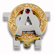 Two-tone Badge; polished white gold A and Pi, chased yellow gold O